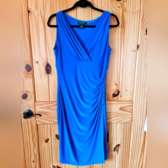 Ralph Lauren Knee Length Deep V Ruched Waist Stretch EUC Size 10 - Picture 1 of 3
